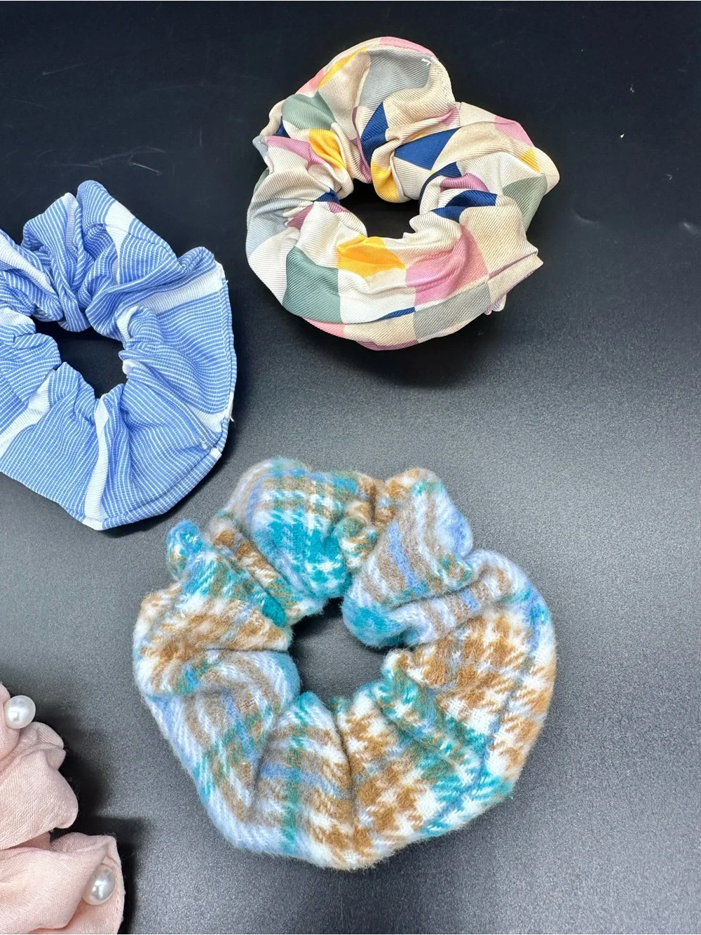 Lot of 6 Fashion Hair Scrunchies Mixed Patterns Plaid Floral Pearls Stripe